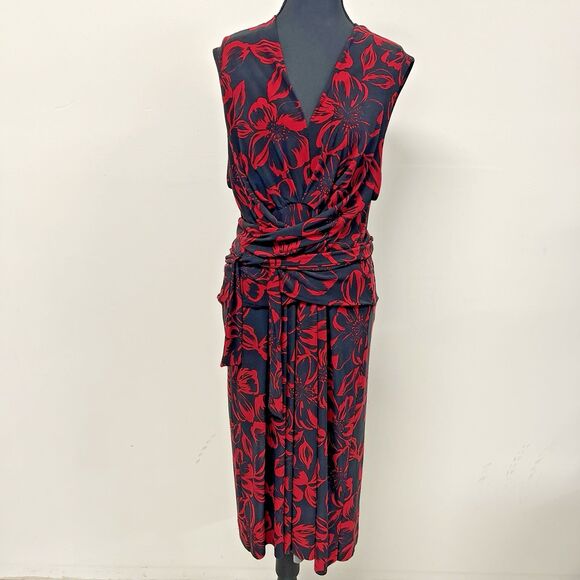 Norma Kamali XXL Red Floral Faux Wrap Dress Sleeveless Stretch Midi Bold Print - Picture 1 of 11